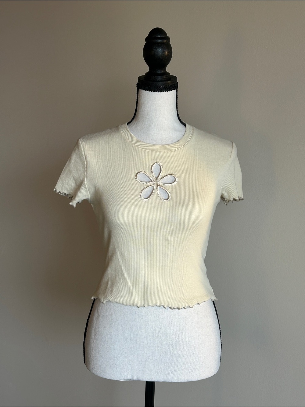 aLAB Cream Floral Cutout Ribbed Baby Tee Y2K Coquette